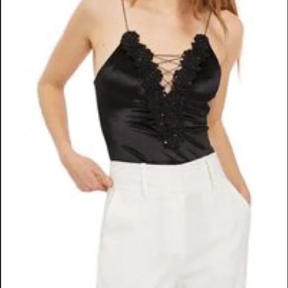 Topshop Black Beaded Lace-up Velvet Bodysuit - Picture 2 of 12